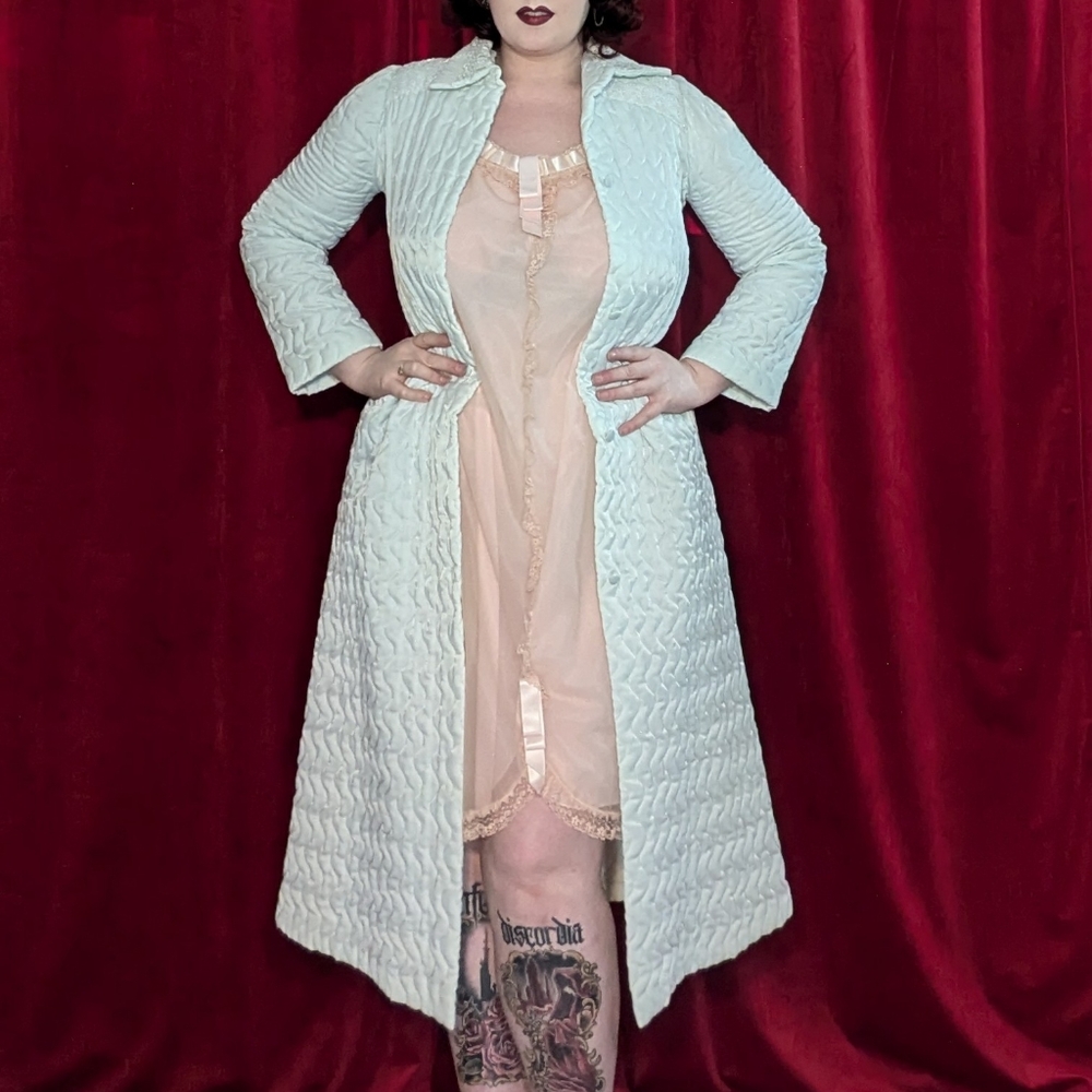 Vintage Christian Dior for Neiman Marcus quilted aquamarine satin housecoat